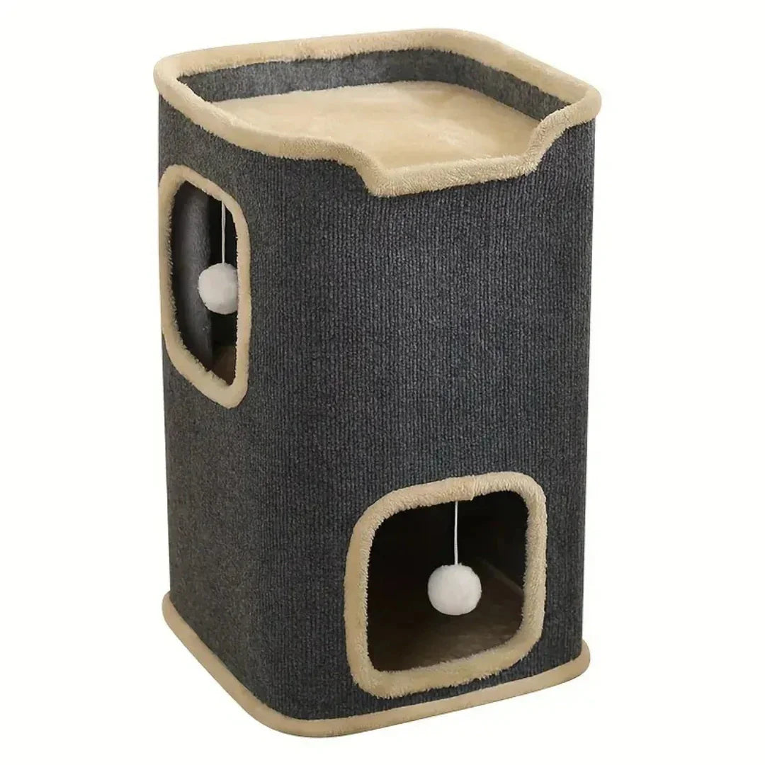 A dark grey Petifo cat house tower with beige trim, featuring two levels with hanging plush ball toys.