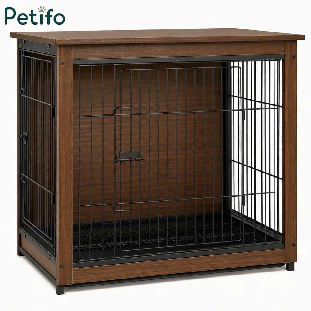 A high-quality dark wood Petifo dog crate featuring a sturdy metal frame and door for secure pet containment.