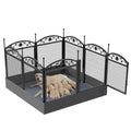 A decorative black metal Petifo dog playpen with a secure door, serving as a comfortable indoor whelping pen for a mother dog and her puppies.
