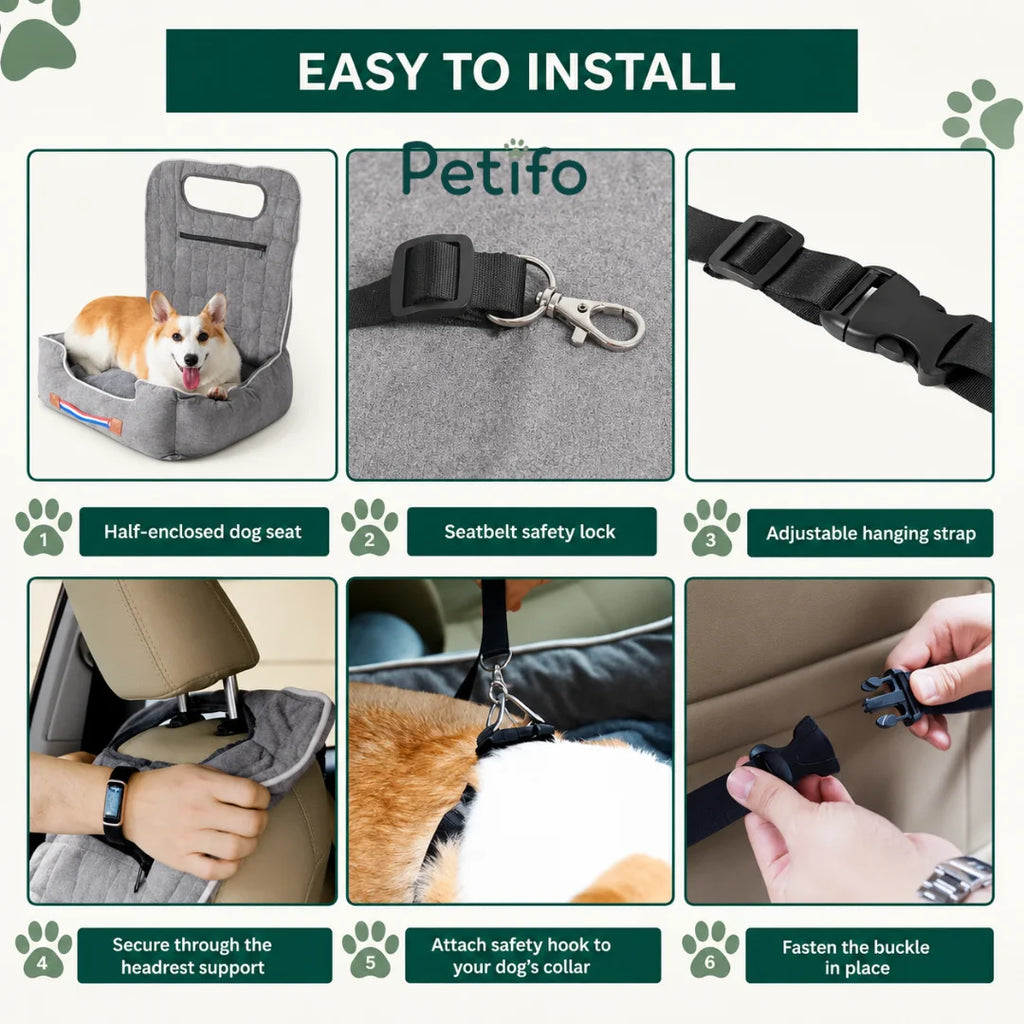 A step-by-step installation guide demonstrating how to securely attach the Petifo half-enclosed dog car seat.