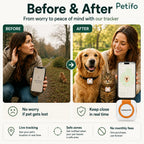 A before-and-after comparison demonstrating the peace of mind provided by the Petifo live tracking app, which features safe zones and requires no monthly fees.