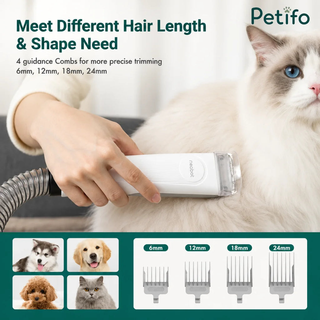 Demonstration of Petifo grooming clippers with four guidance combs for precise hair trimming lengths on cats and dogs.