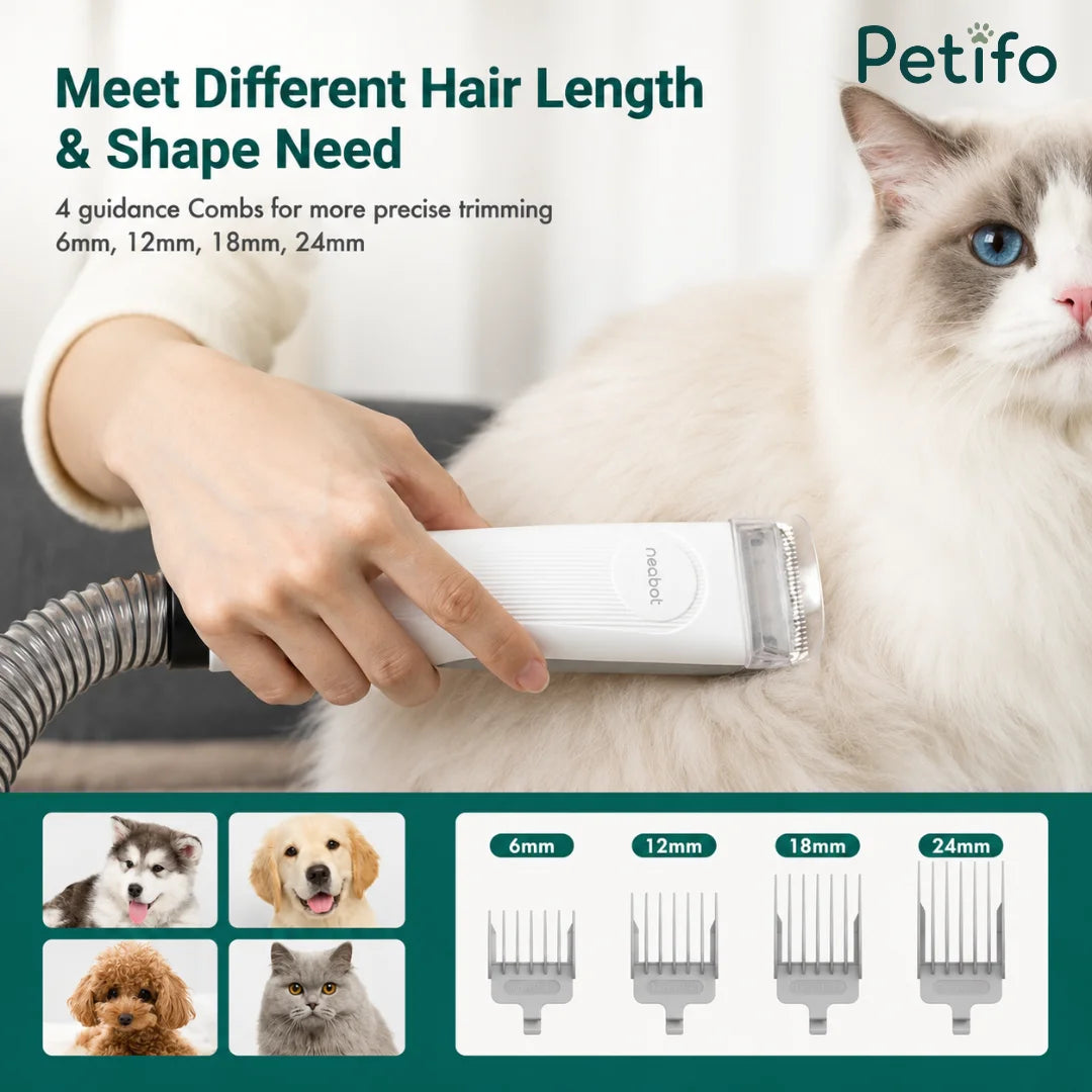 Demonstration of Petifo grooming clippers with four guidance combs for precise hair trimming lengths on cats and dogs.