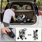 Demonstration of the Petifo pet stroller folding mechanism, showing it collapsed inside a car trunk with dimensions of 83 cm by 45 cm by 25 cm.