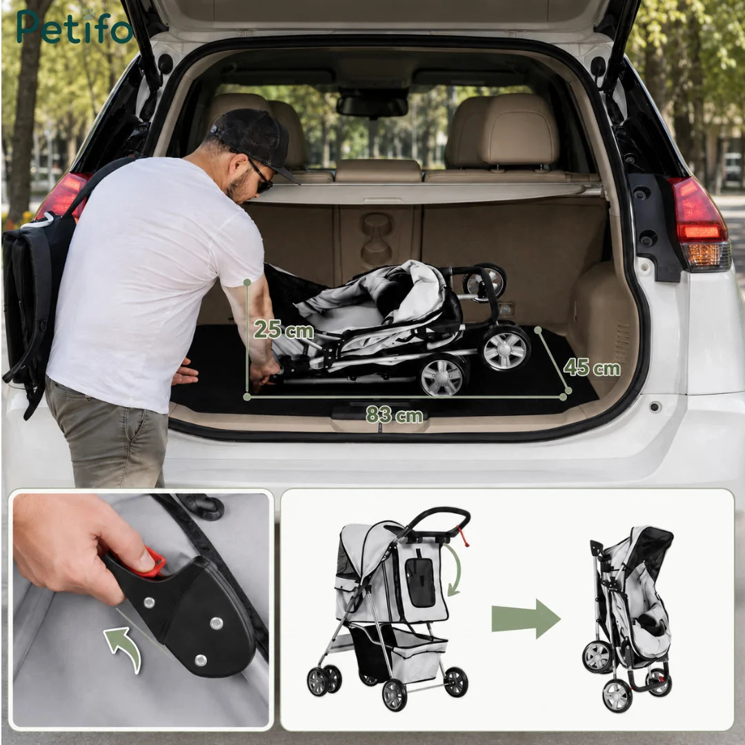 Demonstration of the Petifo pet stroller folding mechanism, showing it collapsed inside a car trunk with dimensions of 83 cm by 45 cm by 25 cm.