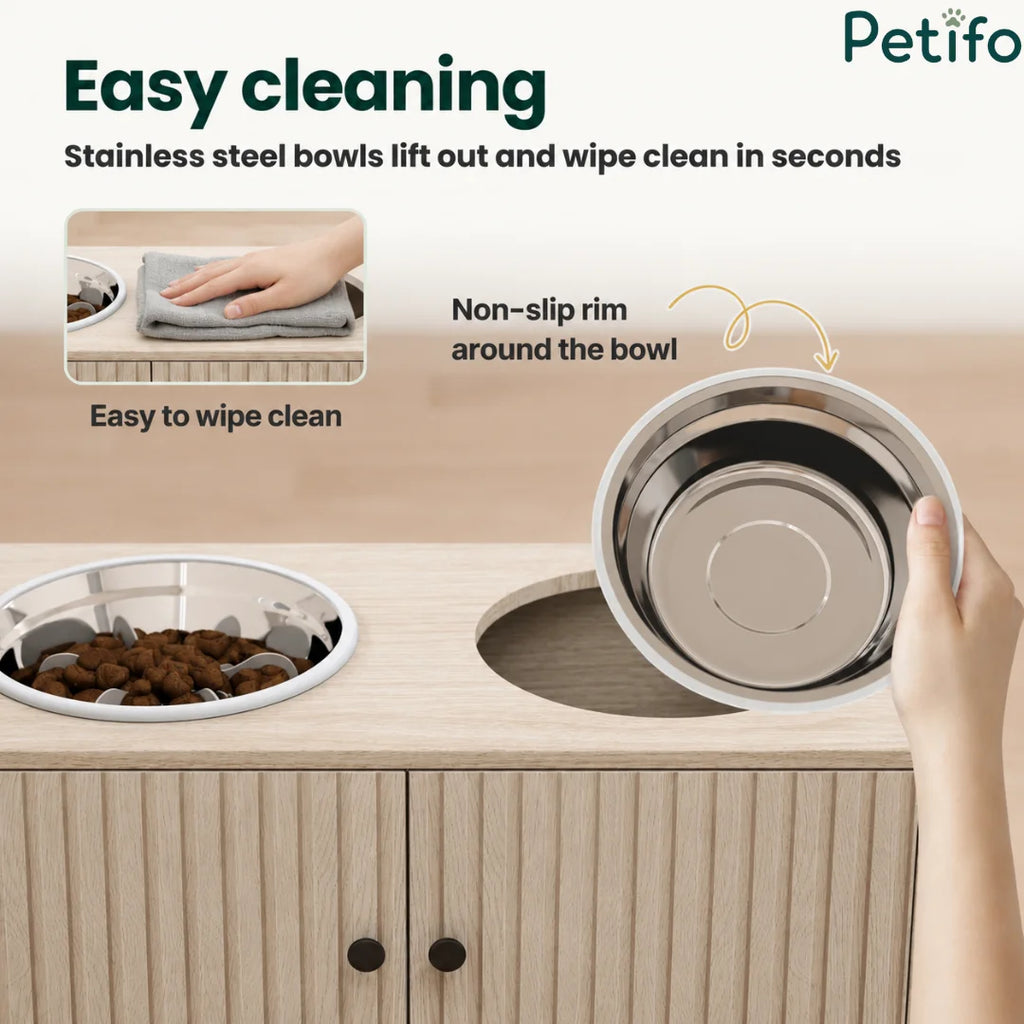 Demonstration of easy cleaning for the Petifo feeding station, showing removable stainless steel bowls with non-slip rims that wipe clean in seconds.