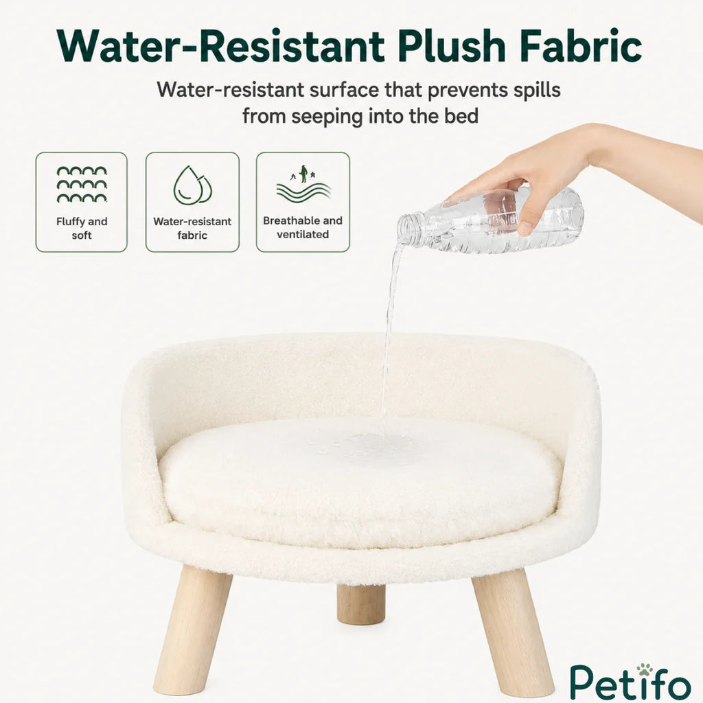 Demonstration of a water-resistant plush pet bed surface that prevents liquid spills from seeping into the material.