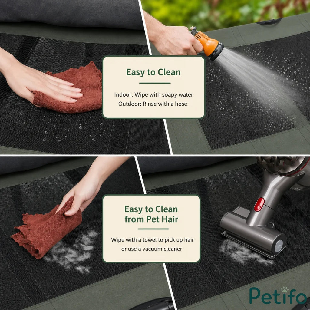 Demonstration showing how to easily clean a Petifo elevated dog bed using water, a hose, and a vacuum.