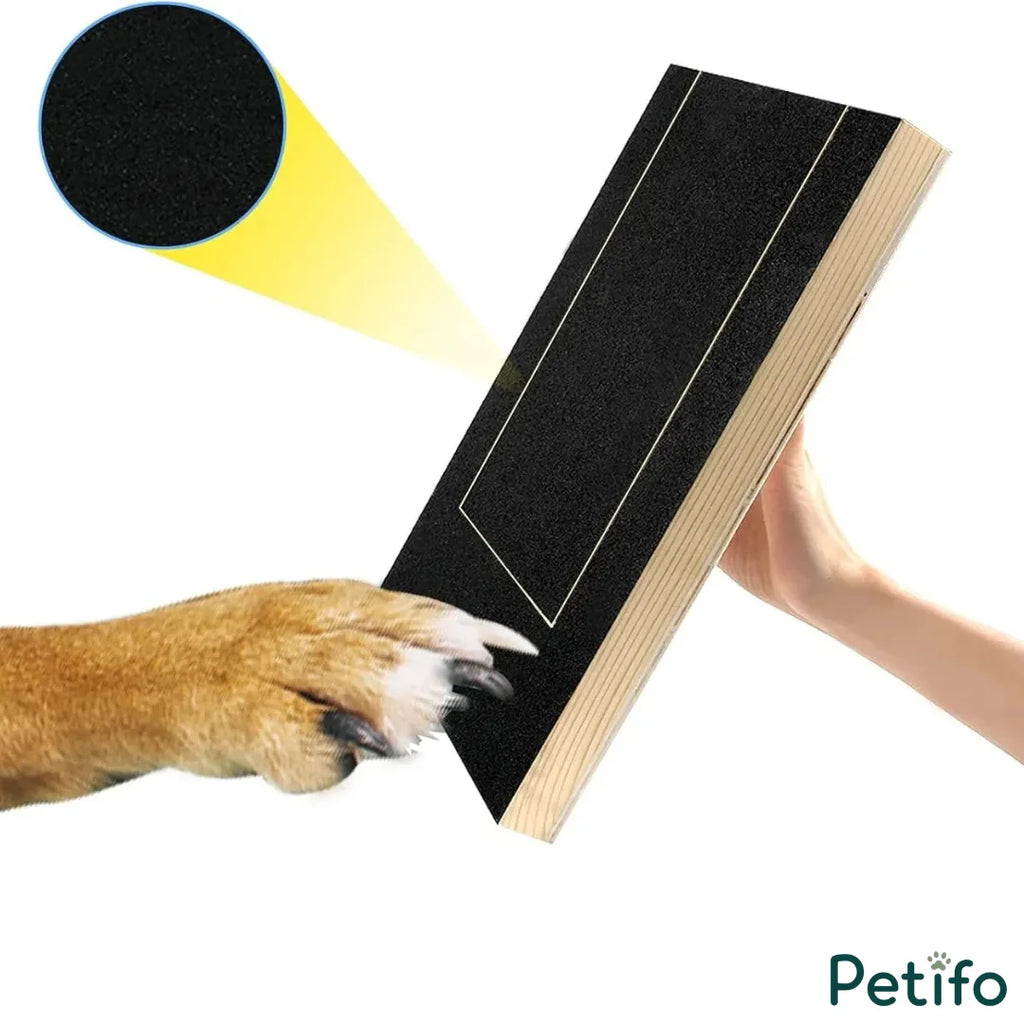 Demonstration graphic of a dog's paw scratching against the textured surface of the black Petifo wooden dog scratch board, held by a person's hand.