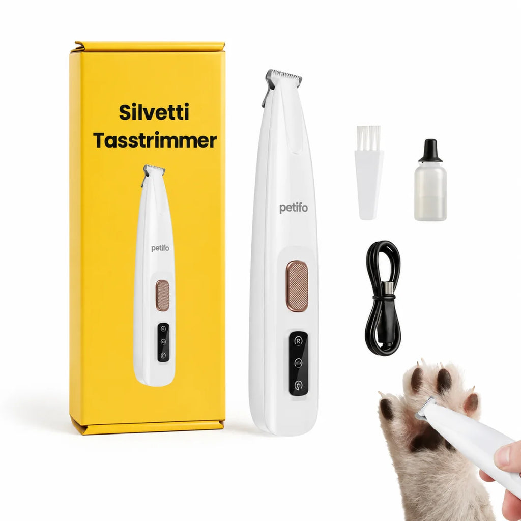A white wireless pet hair trimmer shown next to its yellow storage box, cleaning brush, oil bottle, charging cable, and a paw trimming demonstration.