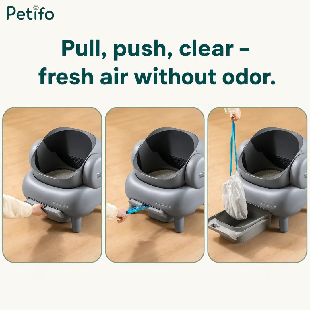 A three-step demonstration showing how to clean a grey Petifo automatic cat litter box by pulling the waste drawer, pulling the drawstring bag, and lifting the sealed waste bag out.