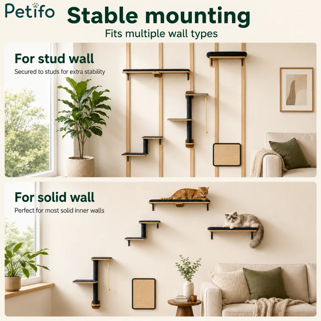 Demonstration showing how Petifo wall-mounted cat furniture can be securely installed on both stud and solid walls.
