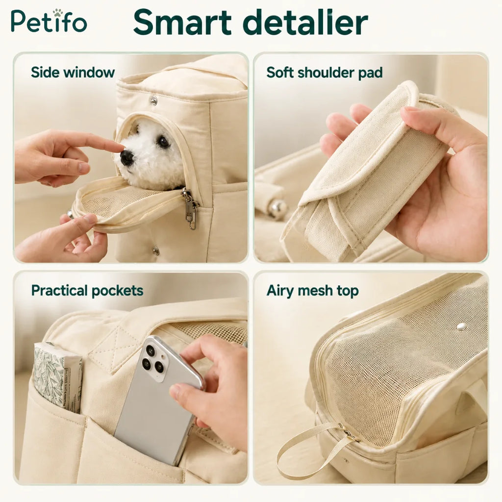 A four-panel product detail graphic highlighting the Petifo carrier's side window, soft shoulder pad, practical outer pockets, and airy mesh top.