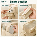 A four-panel product detail graphic highlighting the Petifo carrier's side window, soft shoulder pad, practical outer pockets, and airy mesh top.