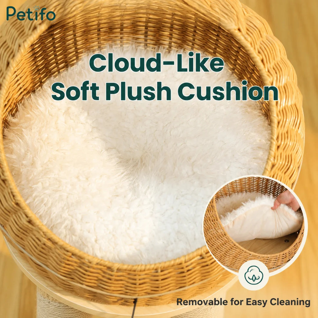 Detail view showing the removable, cloud-like soft plush cushion inside the Petifo rattan cat bed for easy cleaning.