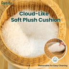 Detail view showing the removable, cloud-like soft plush cushion inside the Petifo rattan cat bed for easy cleaning.