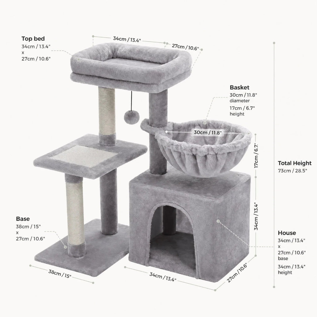 Labeled dimension diagram for a grey plush cat tree, detailing the specific sizes for the top bed, resting basket, and enclosed cat house.