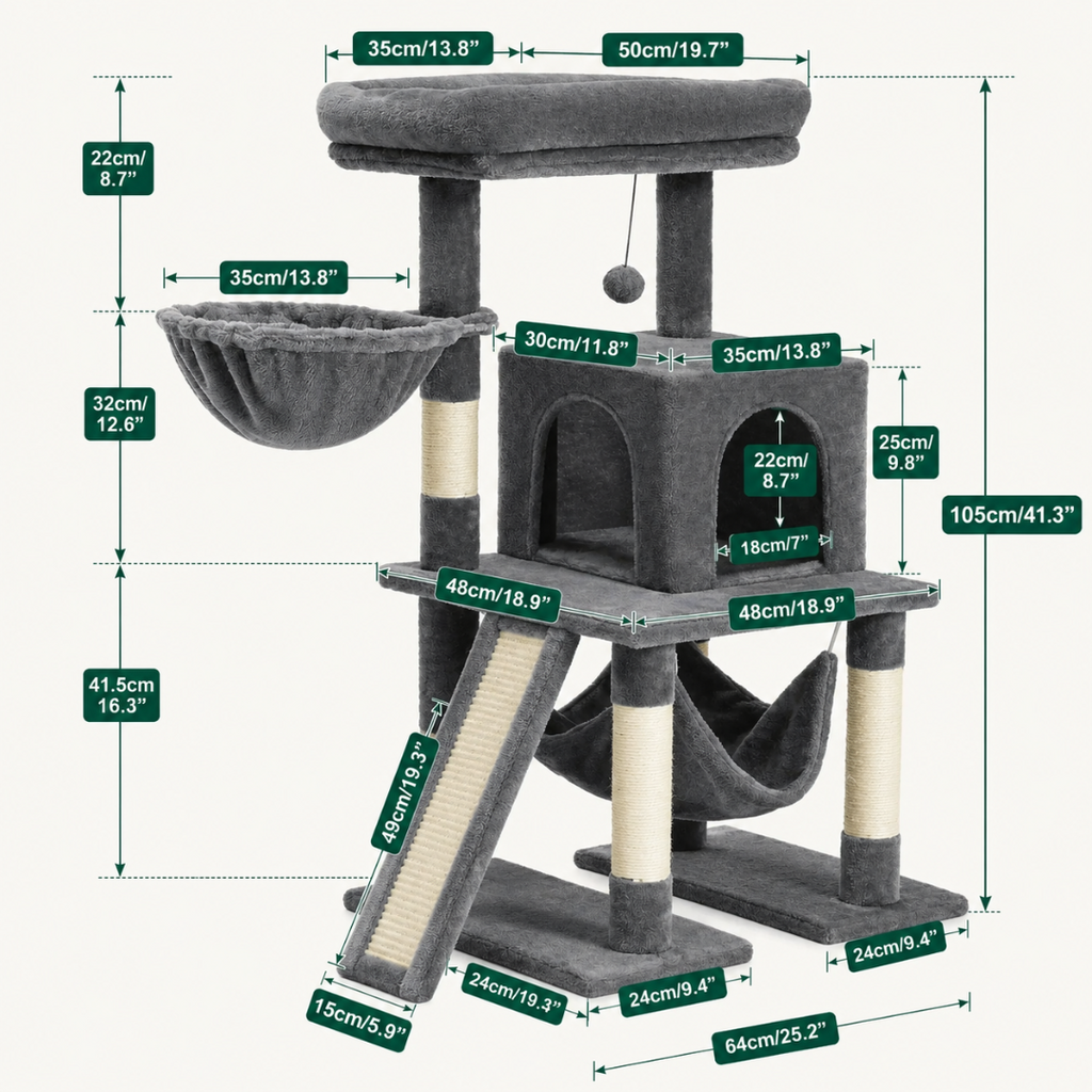 Comprehensive technical drawing of a grey multi-level cat tree with precise measurements for all platforms, scratching posts, and the hanging basket.