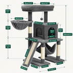 Comprehensive technical drawing of a grey multi-level cat tree with precise measurements for all platforms, scratching posts, and the hanging basket.