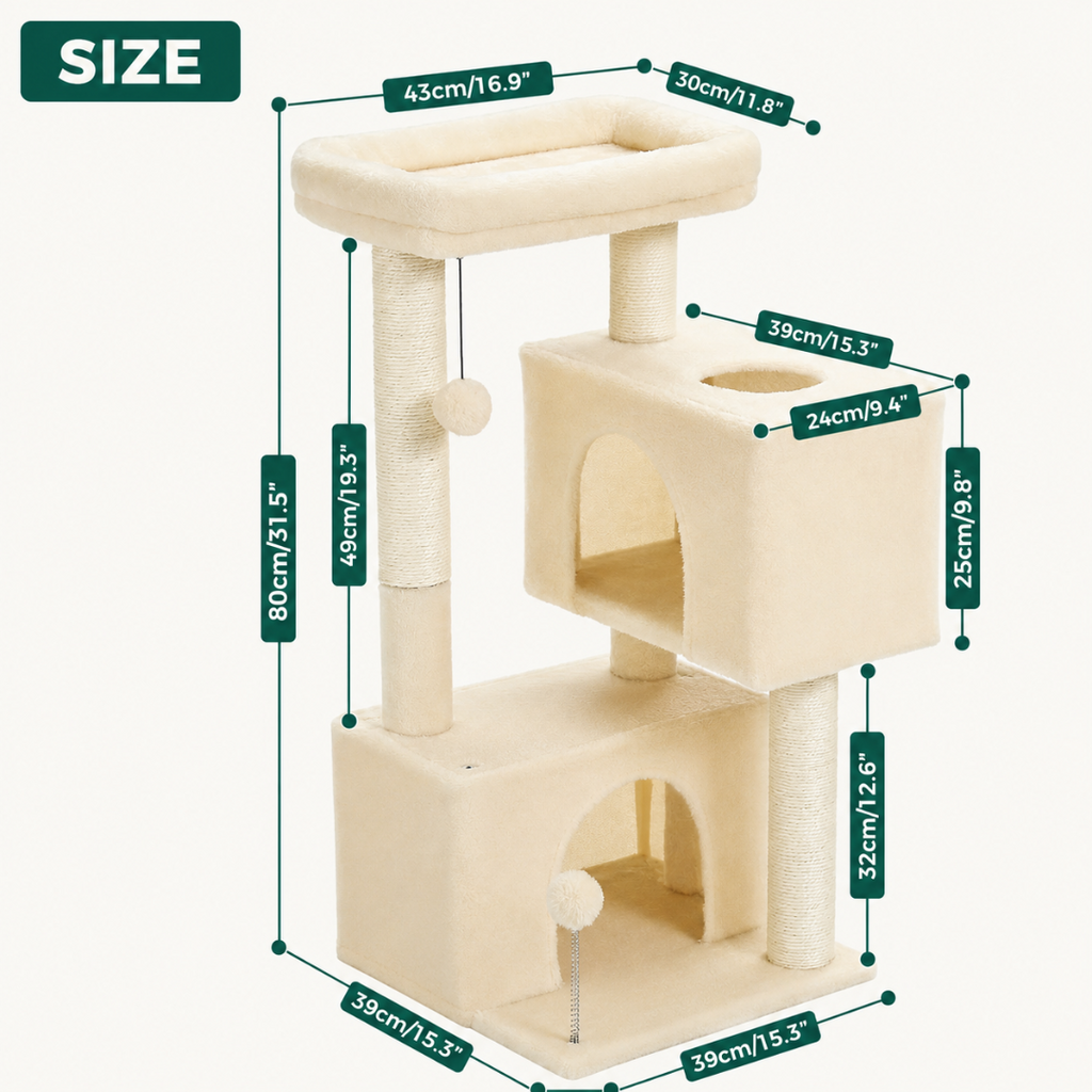 Dimensioned diagram of a beige multi-level cat activity tree showing all height and width measurements in centimeters and inches.