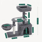 Detailed dimension guide for a dark grey cat activity tree, highlighting measurements for the top perch, platforms, scratching posts, and base.