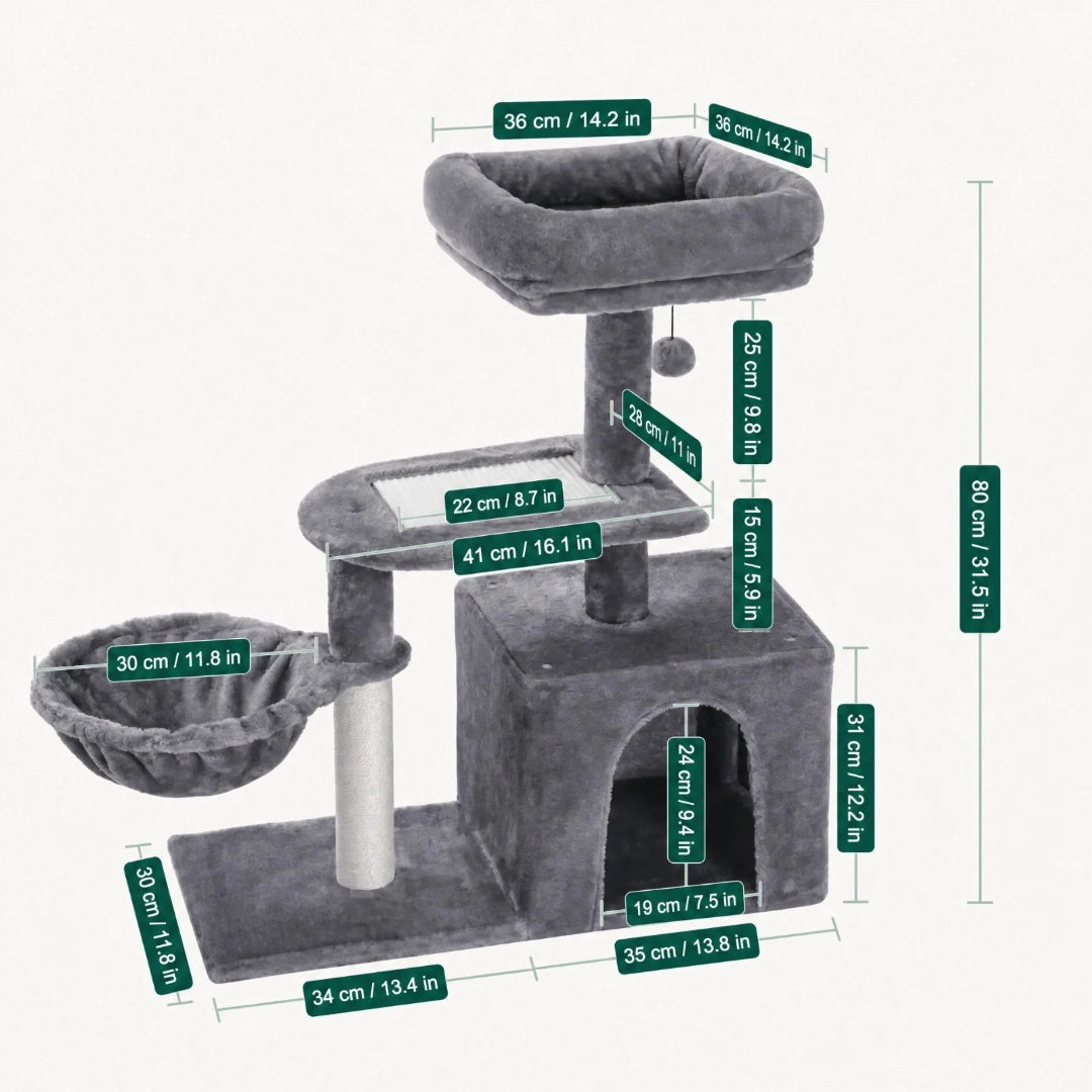 Detailed dimension guide for a dark grey cat activity tree, highlighting measurements for the top perch, platforms, scratching posts, and base.