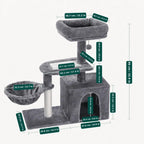 Detailed dimension guide for a dark grey cat activity tree, highlighting measurements for the top perch, platforms, scratching posts, and base.