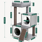 Technical dimension specifications for a modern grey and white cat condo tower, showcasing the height and width of each play and rest area.