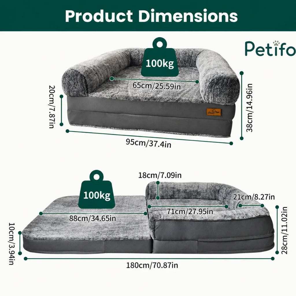 Detailed product dimension diagram for the Petifo pet sofa, showing measurements for both the sofa configuration and the flat bed mode.