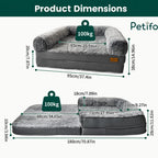 Detailed product dimension diagram for the Petifo pet sofa, showing measurements for both the sofa configuration and the flat bed mode.