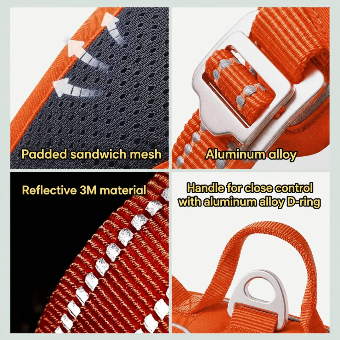 Detailed features of Truelove dog harness including sandwich mesh, reflective material, and aluminum hardware.