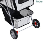 Detailed view of the Petifo stroller's bottom storage basket and rear wheel brakes.