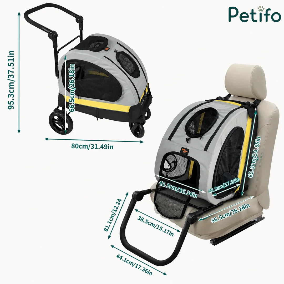 Detailed dimension diagram of the Petifo pet stroller in both wheeled stroller mode and car-mounted carrier mode.