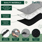 Detailed diagram highlighting the high-quality materials of the Petifo pet seat, including suede fabric, resilient PP-cotton