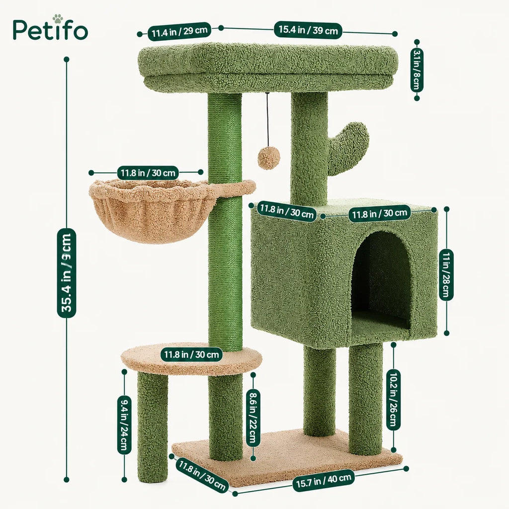 Detailed dimension chart of the Petifo cactus-themed cat tree showing platform measurements in inches and centimeters.