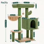 Detailed dimension chart of the Petifo cactus-themed cat tree showing platform measurements in inches and centimeters.
