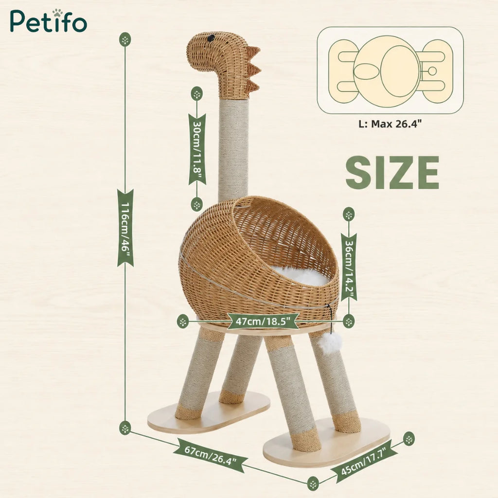 Detailed dimension guide for the Petifo dinosaur-shaped cat bed and scratching tree.
