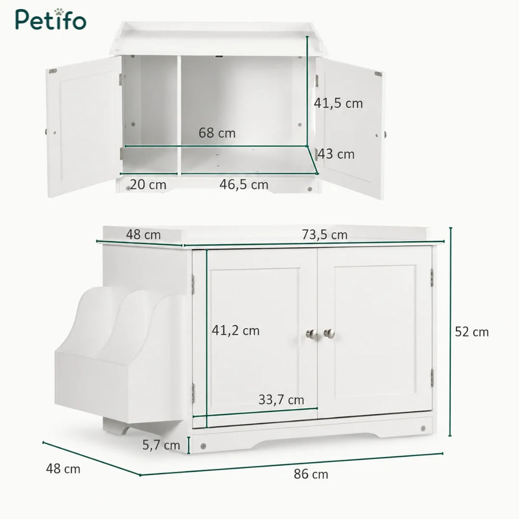 A detailed dimension infographic of the white Petifo cat litter house, indicating a total width of 86 cm, height of 52 cm, and internal compartment measurements.