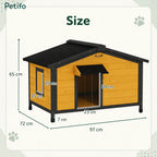 Detailed dimension diagram of a wooden pet house showing precise measurements for height, width, and door size.