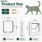 Detailed dimension diagram of the PetVent smart cat door, indicating passage size, outer measurements, and installation thickness requirements.