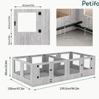 Detailed dimensional blueprint illustrating the assembly layout of a large rectangular wooden pet playpen.