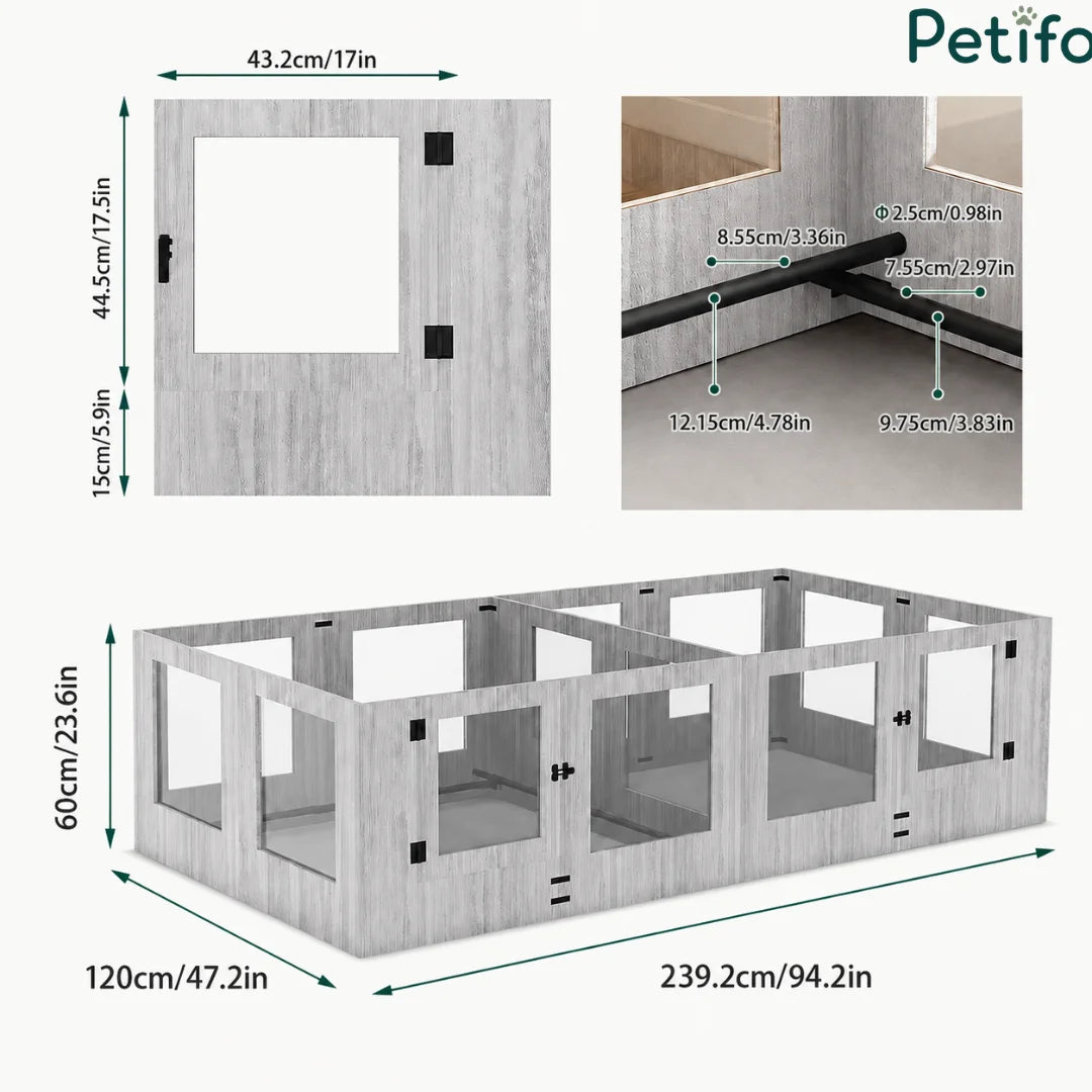 Detailed dimensional blueprint illustrating the assembly layout of a large rectangular wooden pet playpen.