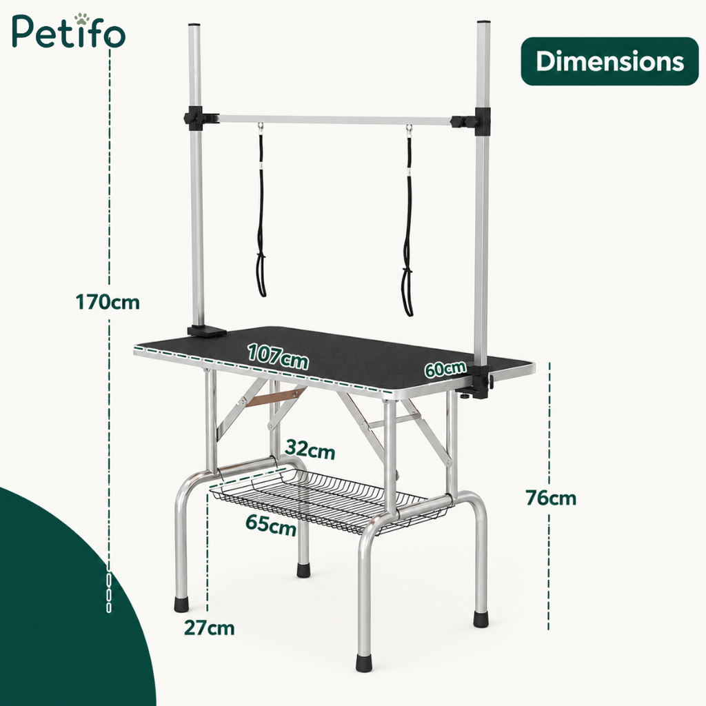 Detailed dimensions diagram of a foldable pet grooming table with storage rack and adjustable overhead bars.