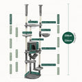 Detailed engineering diagram of a grey multi-level cat tree with height and platform measurements for spatial planning.