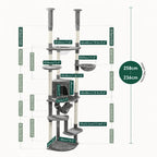 Detailed engineering diagram of a grey multi-level cat tree with height and platform measurements for spatial planning.