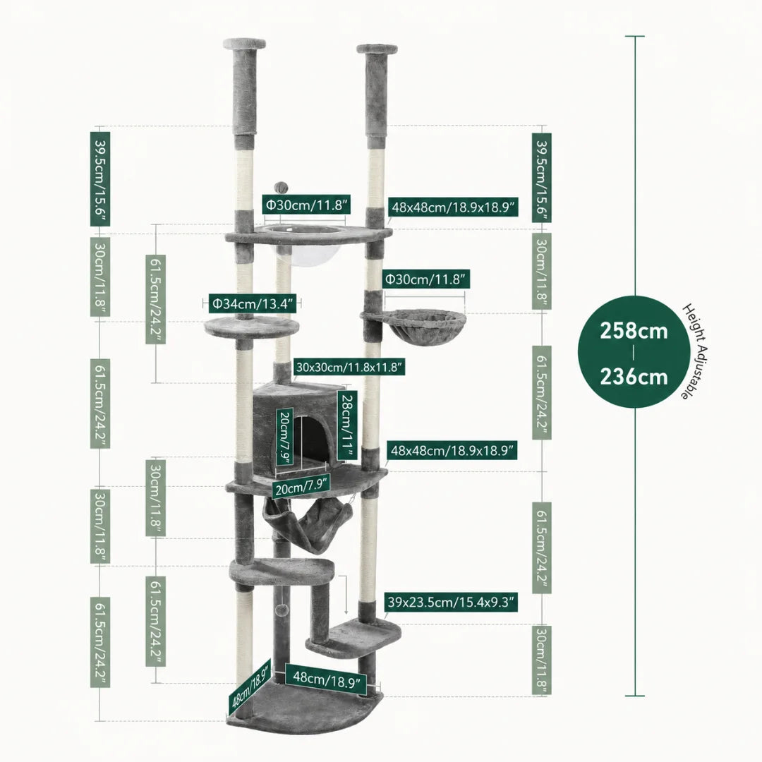 Detailed engineering diagram of a grey multi-level cat tree with height and platform measurements for spatial planning.
