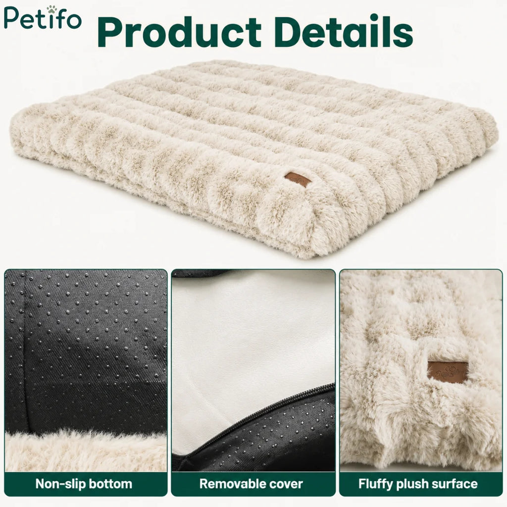 Detailed features of Petifo pet bed including non-slip bottom, removable cover, and soft plush surface.