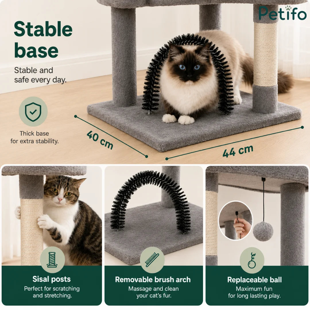 Detailed infographic highlighting the stable base, sisal scratching posts, replaceable cat toy, and removable grooming brush arch of our cat tree.