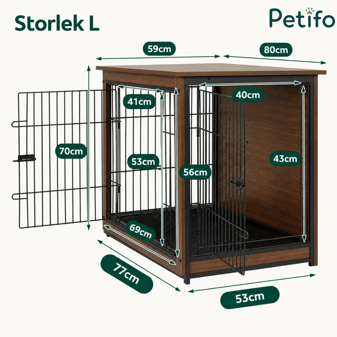 Technical diagram showing the detailed measurements in centimeters for the size Large (Storlek L) wooden dog crate furniture.