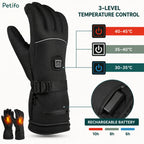  Detailed view of the Petifo heated gloves showing 3-level temperature control options ($40\text{--}45^\circ\text{C}$, $35\text{--}40^\circ\text{C}$, and $30\text{--}35^\circ\text{C}$) and the rechargeable battery pocket providing up to 10 hours of warmth.